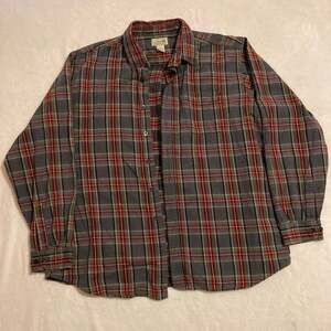 L.L.Bean Scotch Plaid Flannel Shirt Mens XL Gray Red Button Down 100% Cotton